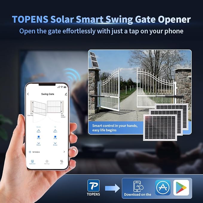 TOPENS XD552S Smart Gate Opener for Medium Duty Solar Dual Swing Gates Up to 18ft per Arm, Automatic Gate Opener with App Control AC Powered Remote Control Kit Solar Panel Included