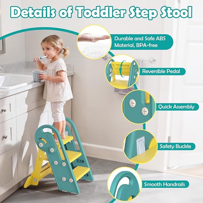 Onasti Folding Step Stool with Adjustable Height, 3-Step Converts to 2-Step, Sturdy Anti Slip Bathroom Step Stool for Toilet, Bathroom Sink, Kitchen Counter, Space Saving Design for Home Use- Green