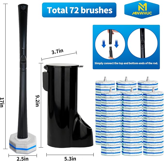 2 Pack Disposable Toilet Brush and Holder Set,Extended Handle with 72 Cleaner Refills Toilet Brush for Toilet Bowl Cleaners,Bathroom Cleaning, Bathtub.Disposable Toilet Cleaning System