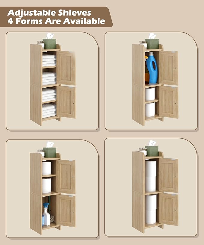 Akxomel Rattan Small Bathroom Cabinet Narrow Toilet Paper Organizer Oak | 7.9''D x 7.9''W Bathroom Organizer and Storage Cabinet for Small Space, Slim Corner Unit with Adjustable Shelf