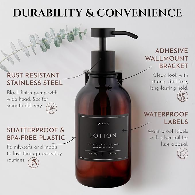 Shower Shampoo Dispenser Wall Mounted – Refillable 16.9 oz Amber Bottle with Stainless Steel Pump & No-Drill Adhesive Holder – Soap Dispenser for Bathroom (1 X Amber/Black)