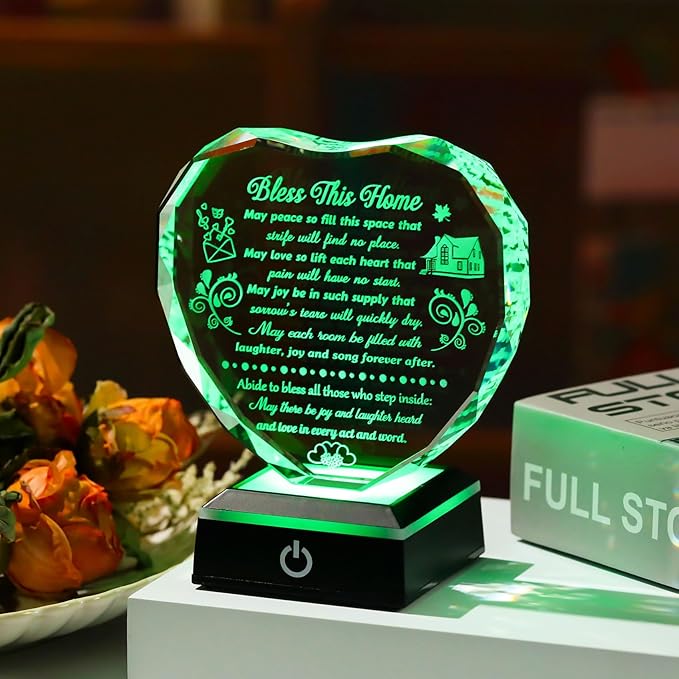 Crystal House Warming Gifts Bless This Home Heart-shaped Plaque with LED Light Base for Women Men Meaningful New Home Gifts Ideas for Family