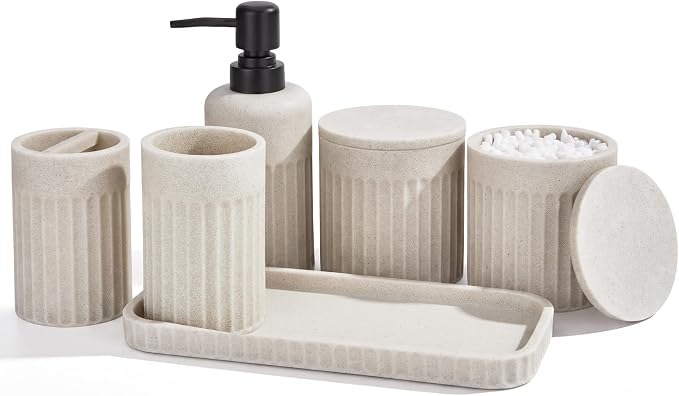 INIUNIK Bathroom Accessory Set, 6 Pieces, Beige | Resin, Bathroom Accessories Set, with Soap Dispenser Set, Toothbrush Holders, Tumbler, Vanity Tray & 2 Qtip Holder
