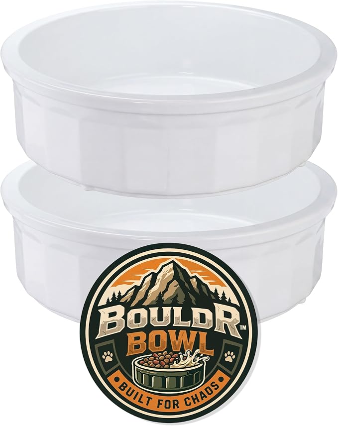 Pet Crock Bowl - 2 Pack – Thick Durable Plastic Non-Tip Food & Water Dish for Dogs, Cats - Indoor/Outdoor - Chew Resistant, Easy Clean BouldrBowl from Healthy Surplus® (White, 48oz Large)