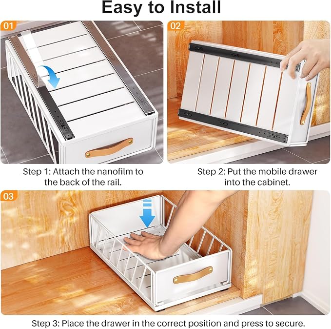 2Pack Pull out Cabinet Organizer,Heavy Duty Slide out Pantry Shelves Drawer Storage with Adhesive Nano Film,Sliding Mesh Basket with Handle for Kitchen, Bathroom, Home, 11.8W" X 15.7"D X 6.2"H,White