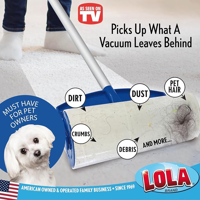 LOLA Rola Sticky Mop Refills, Giant Adhesive Roller, 180 Sheets, Traps Dirt, Dust & Hair, Pet Hair Remover, Floor & Carpet Cleaner, 18 Pack