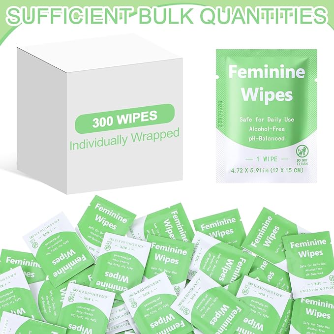 300 Pieces Bulk Feminine Wipes Individually Wrapped Travel Size Women Unscented Intimate Period Cleansing Wipes Deodorant Feminine Products Care Kits Private Parts Ph Balanced(Green)