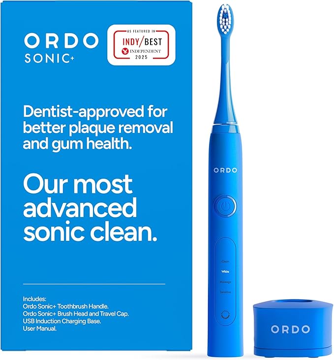 Ordo Sonic+ Electric Toothbrush for Adults, Advanced Smart Tech, 4 Brushing Modes, Fast Rechargeable, Sonic Toothbrushes Over 4 Weeks Battery Life, Silicone Polishing Element, USB Charger, Arctic Blue