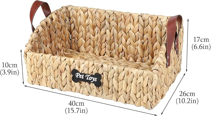 Trapezoid Pet Dog Toy Basket,Medium Dog Toy Bin,Wicker Storage Basket for Dog Cat Toys,Dog Storage Organizer for Leash Blanket Toys Snacks -Natural Farmhouse Water Hyacinth
