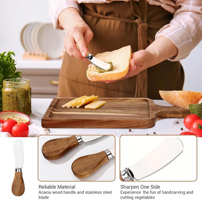 Geetery 16set Acacia Wood Charcuterie Board with Knife Wooden Serving Tray with Groove Acacia Wood Cutting Board with Card and Gift Box for Wedding Baby Shower Housewarming Gift (12 x 6 Inches)