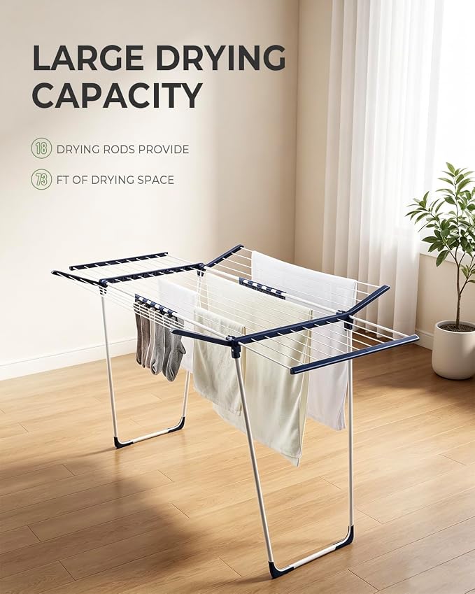 JS HANGER Extendable Clothes Drying Rack with Fold-Out Wings & Sock Clips, Expands from 41" to 67", Extra Wide Laundry Drying Rack Indoor Outdoor, Folding Rack for Clothes, Towels & Delicates