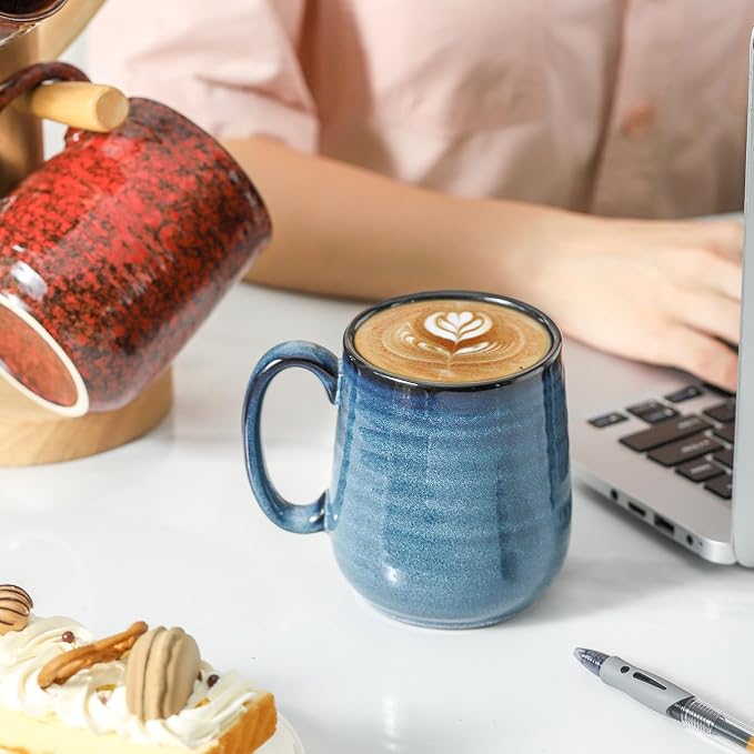 HASENSE Coffee Mugs Set of 4, 15 Oz Stoneware Coffee Cups with Large Handle, Colorful Rustic Mug Set for Coffee, Tea, Coco, Latte, Dishwasher and Microwave Safe