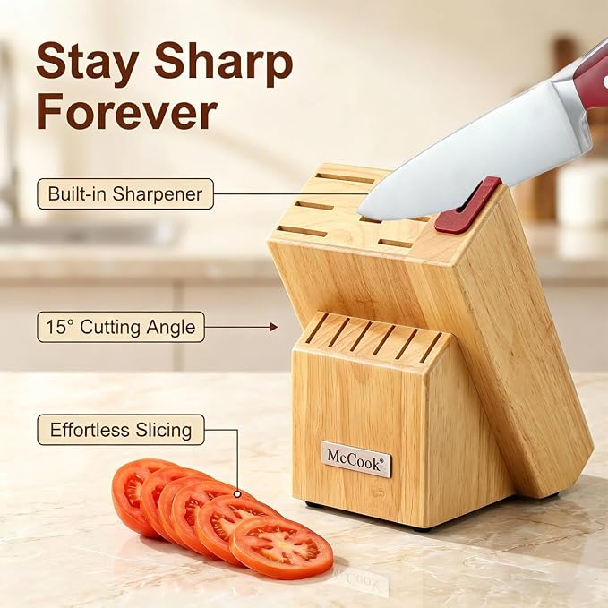 McCook Knife Set Red Kitchen Knife Block Set w Built-in Sharpener | German Forged Stainless Steel,15 PC,Razor Sharp, Anti-Rust,Ergonomic Handle,Full Tang,Vibrant Red, Gift Box