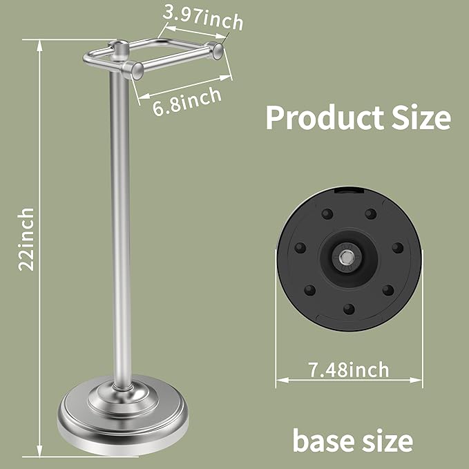 Toilet Paper Holder Stand, Brushed Nickel Toilet Paper Holder Free Standing,Post Pivoting Design & Stable Weighted Base SUS304 Stainless Steel for Bathroom