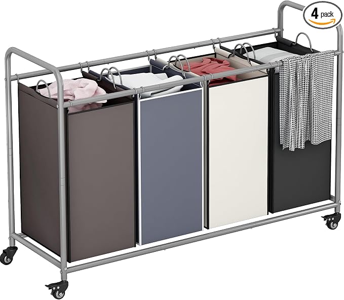LINZINAR 4 Bags Laundry Hamper, Assorted Laundry Basket 180L Laundry Sorter | Laundry Room Organization with Heavy Duty Rolling Lockable Wheels and Removable Bag, Bedroom Laundry Cart for Clothes Storage