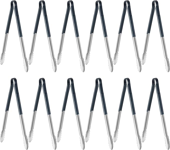 New Star Foodservice 16 Inch Utility Spring Tongs, Set of 12, Commercial Restaurant Grade Stainless Steel Tongs with Blue Vinyl Coated Handles