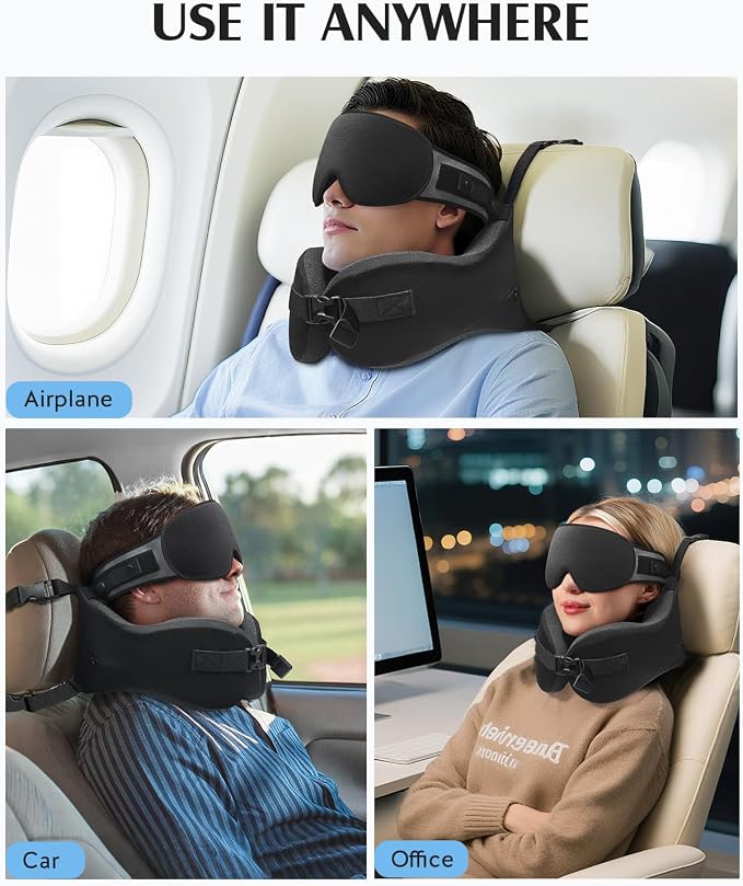YFONG Travel Pillow for Long Flight Airplane, Head Strap Combo with 3D Contoured Sleep Eye Mask, Neck Pillow for Travel Essential, 360° Support Memory Foam Headrest, Prevent Bobbing, Drawstrap - Black