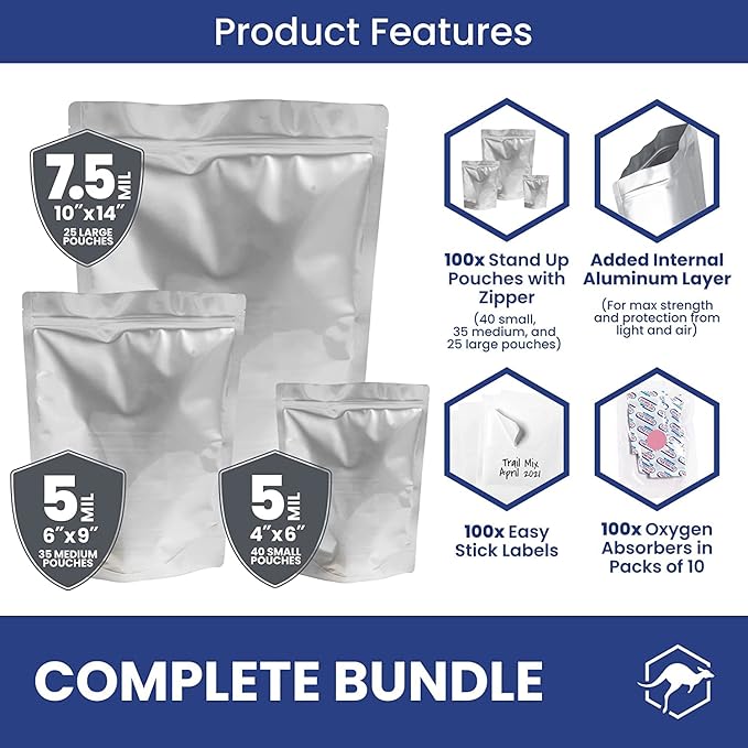 Wallaby 100ct Multi-Size Mylar Bags, 400cc Oxygen Absorbers, 15 & 10 Mil Total Thickness, 1-Gal, 1-Qt, 1/2-Pt, Stand-Up, Zipper & Heat-Sealable, Gusseted Zipper Bags for Long-Term Food Storage