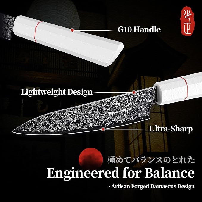 DRGSKL Damascus Kitchen Utility Knife - Japanese VG10 Chef Knife 6 inch | Japanese VG10 Core, Black Anti-corrosion Coating, Damascus Blade, G10 Handle, Gift Box, Wet Edge Grinding Technology