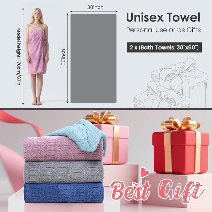 JML Microfiber Bath Towels, Purple, 30" x 60", 2 Pack | Hanging Hook, Lint Free, Oversized, Soft, Super Absorbent, Fast Drying, Use for Sport, Fitness, Yoga, Diamond Cross Grid