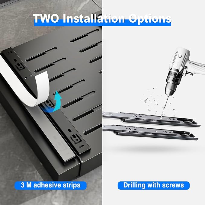 Mustorn 2 Pack Pull Out Cabinet Organizer, Expandable Slide Out Drawers for Kitchen Cabinets Peel and Stick Pullout Drawer Heavy Duty Sliding Shelves for Cupboard, Pantry, Bathroom(16.5" Deep, Black)