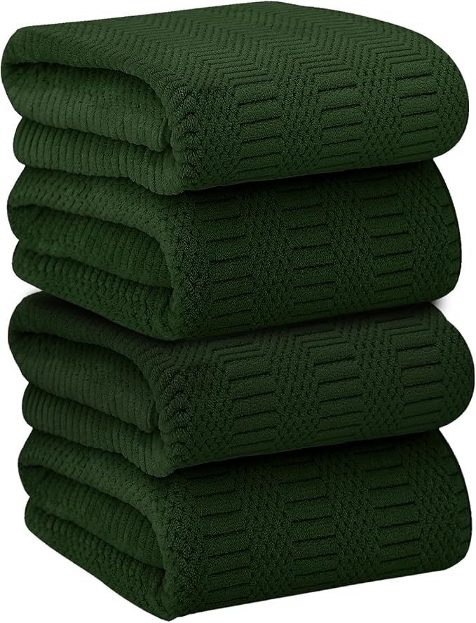 JML Microfiber Bath Towels Set of 4, 30" x 60", Olive-Green | Hanging Hook, Lint Free, Oversized, Soft, Super Absorbent, Fast Drying, Use for Sport, Fitness, Yoga, Diamond Cross Grid