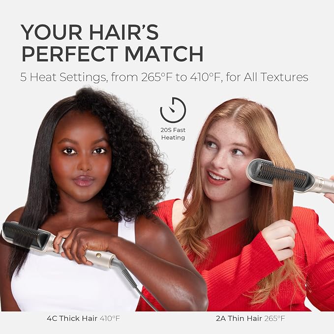 TYMO Flat Iron Hair Straightener Brush 2 in 1, 200M Ions Hair Straighteners for Women, Ceramic Straightening Hot Comb for Anti-Frizz Straights, Waves, Curl, 3X Less Heat Damage, Dual Voltage, Gold
