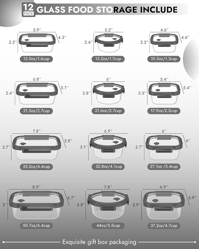 12-Pack Glass Containers with Tempered Lids – Borosilicate, Oven-Safe(-4°F~950°F), Airtight, BPA-Free, Multi-Size for Meal Prep, Dishwasher Safe, 1.6 cups to 6.4 cups (Gray)