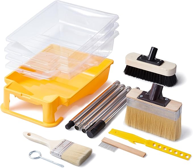 Voomey 7.5-Inch Heavy-Duty Deck Brush Kit, 51 Inch Adjustable Extension Rod, Paint Tray 9 Inch with Liner, Wood Stain Brush, Designed for Quick Painting of Decks, Wood, and Floors