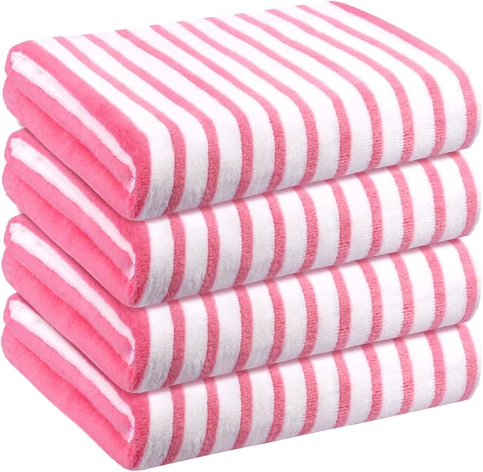 JML Microfiber Beach Towels, 4 Pack, 27" x 55", Stripe Pink | Soft, Super Absorbent, Fast Drying Bath Towel Set for Swimming, Pool, Summer Beach Party