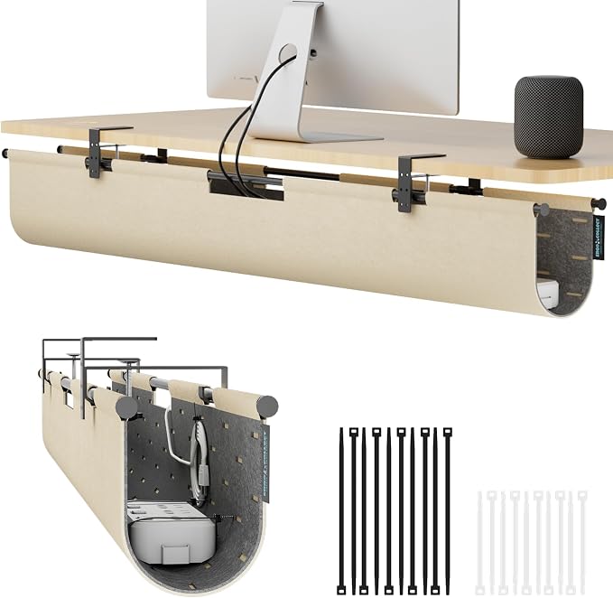 No Drill Under Desk Cable Management Tray, 45.2" Felt Cord Organizer | Clamp or Screw Mount, Converts to Privacy Panel, Pegboard Design, Wire Management for Standing Desk & Home Office