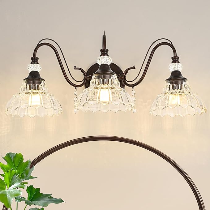 Vintage Bathroom Vanity Light, 3-Light Oil Rubbed Bronze Finish Wall Sconce with Hanging Crystal Accents and Flower-Shaped Clear Glass Shades, Retro Wall Mount Vanity Light Over Mirror for Bathroom