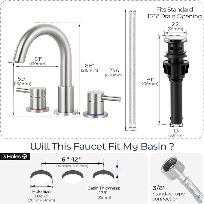 Bathroom Faucet 3 Hole, Brushed Nickel Bathroom Sink Faucet with Pop Up Drain, 8 inch Widespread Bathroom Faucet with 360° Swivel Spout, 2 Handle Vanity Faucet with Water Supply Hoses