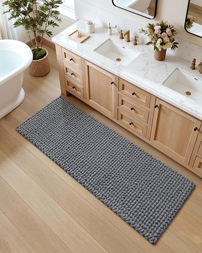 DEXI Bathroom Runner Rugs 60x24, Non Slip Washable Long Bath Mat, Luxury Chenille Super Absorbent Ultra Thick Bathmats for Shower Floor, Plush Fluffy Shaggy Carpet for Tub, Dark Grey