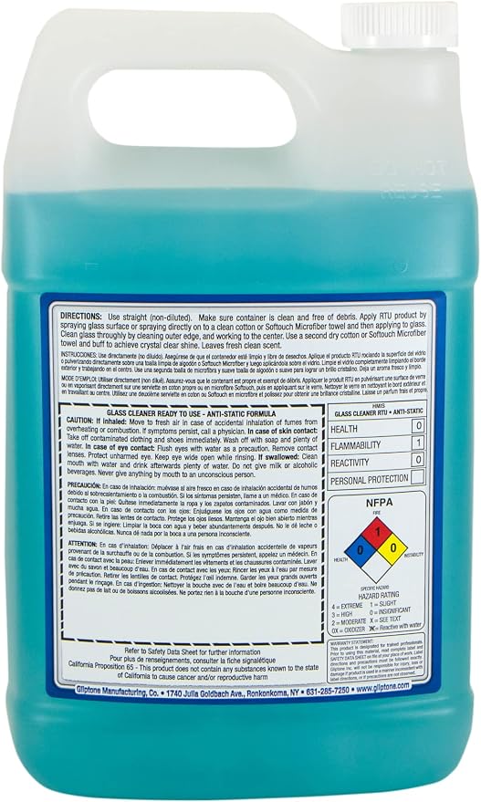 Gliptone Glass Cleaner, 1 Gallon | Ready-to-Use, Anti Static/Non-Streak Formula, Repels Lint & Dust, Safe for All Glass and Hard Surface Applications