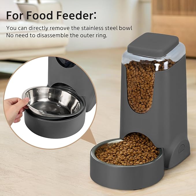 2 Pack Automatic Cat Feeder and Gravity Stainless Steel Water Dispenser, Dog Food Feeder and Waterer Set for Small Medium Puppy Kitten Pets (1 Gallon x 2, Gray)