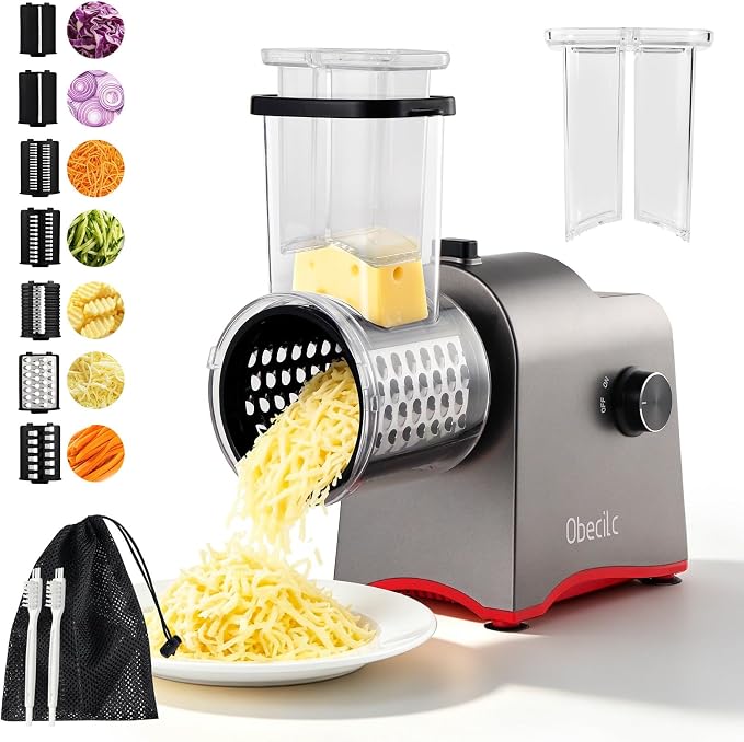 Upgraded 300W Electric Cheese Grater with 7 Stainless Steel Blades,Cheese Shredder Electric for Slicing,Shredding & Grinding Vegetables,Fruits and Nuts,Easy Clean with 2 Brushes & Blades Storage Bag