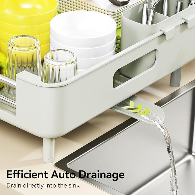 Urackify Extendable Dish Drying Rack, Dual Part Dish Drainers with Non-Scratch and Movable Cutlery Drainer and Drainage Spout, Adjustable Dish Rack for Kitchen, Gray & White