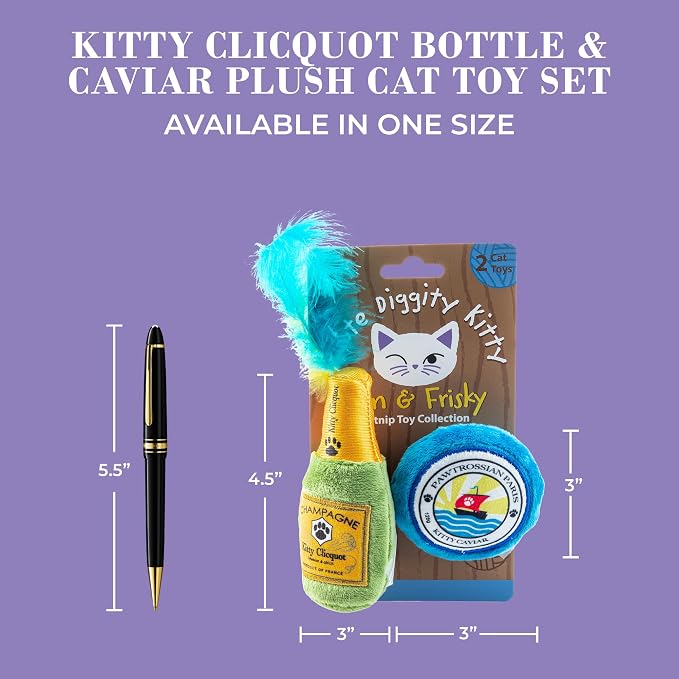 Haute Diggity Kitty Clicquot Champagne & Caviar Set, Plush Cat Toys Catnip Filled with Interactive Crackle Sound, Safe, Durable Toys for Cat & Kitten, 2 Pcs