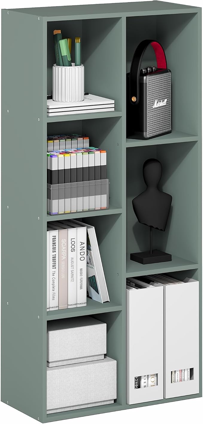 Furinno LUDER Book Shelf, 7-Cube Bookshelf, Bookcase with Open Shelves, 9.4 x 19.5 x 41.7, Easy Assembly, for Living Room, Bedroom, Home Office, Sage Green
