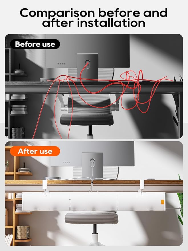 39" No Drill Under Desk Cable Management Tray (White) | Fire-Resistant Thickened Nylon Material, Clip-on Cord Organizer to Hide Power Strip, Heat Dissipation Mesh Design, for Office
