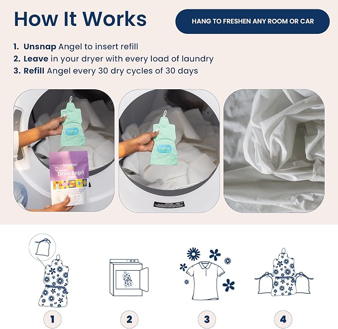 Truly Free Dryer Angel - Natural Dryer Sheet Alternative, Non-Toxic Reusable Fabric Softener Sheets and Scent Booster, Safe for Babies and Sensitive Skin - 1 Empty Reusable Scent Boost Pouch + 2 Fills