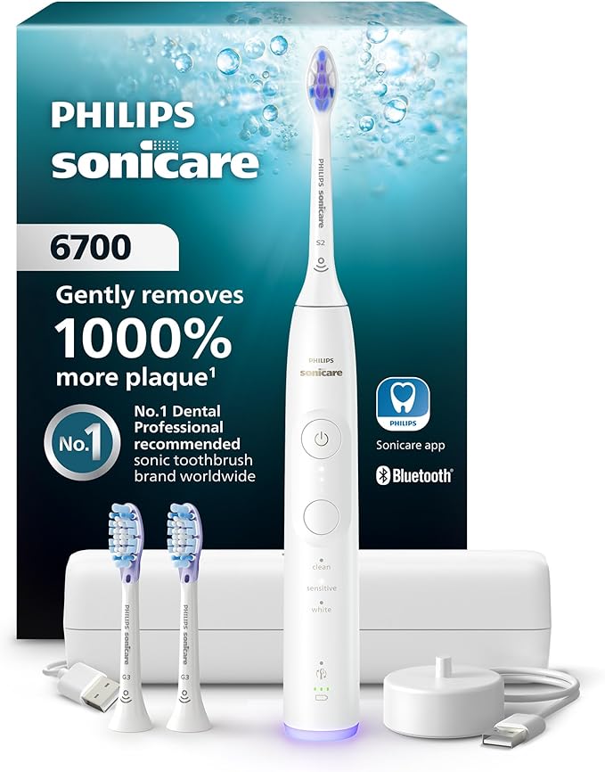 Philips Sonicare 6700 Series Electric Toothbrush, Pressure Sensor, 9 Brushing Settings, SmarTimer, BrushPacer, 21-Day Runtime, Travel Case, for Gum Health & Sensitive Teeth, White, HX7410/07