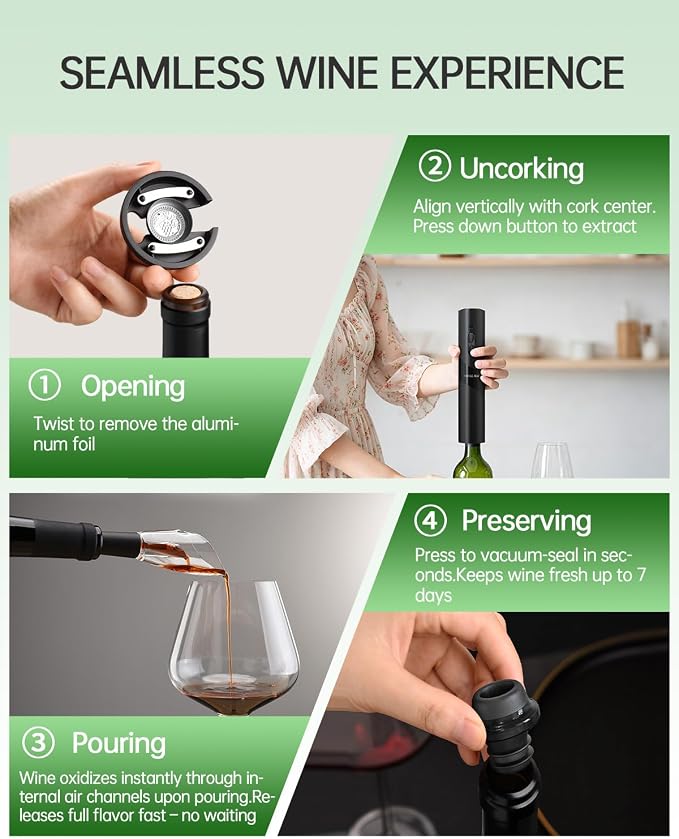 CIRCLE JOY Rechargeable Wine Opener Electric Wine Bottle Opener, 7-in-1 Wine Gift Set with Electric Vacuum Pump, Charging Station, Foil Cutter, Wine Aerator Pourer and 2 Wine Stoppers, Black