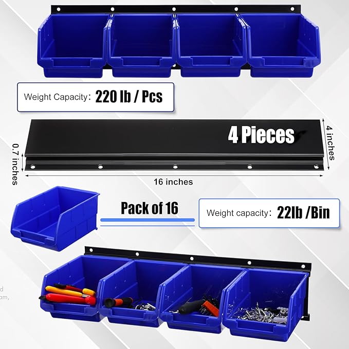 Maitys Wall Mounted Storage Bins Plastic Hanging Stackable Storage Parts Garage Tool Organizer for Screws, Nuts, Bolts, Nails, and Small Hardware Parts, 16x Bins & 4 x Rails(Blue)