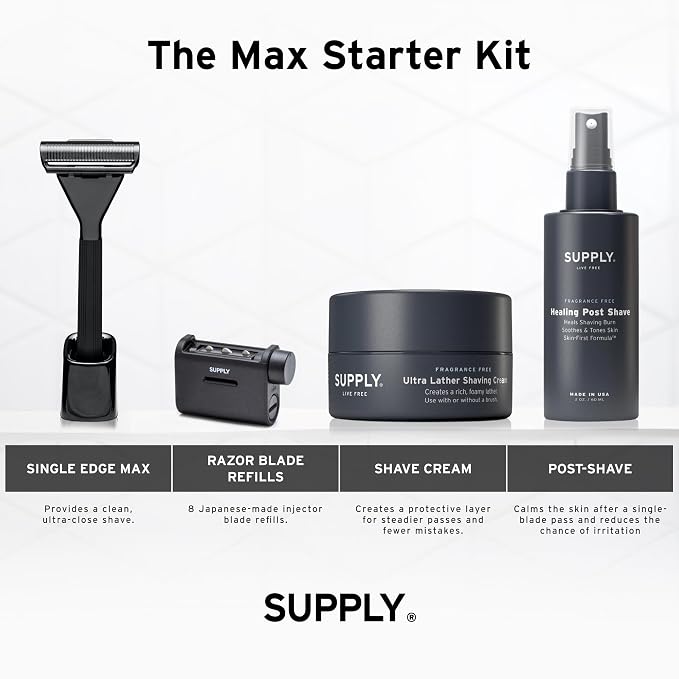 SUPPLY Single Edge Max Shaving Starter Kit for Men – Includes Safety Razor in Sterling, 8 Black Label Blade Refills and Shaving Cream 3.4 oz & Post Shave Lotion 2 oz in Sandalwood & Cedar