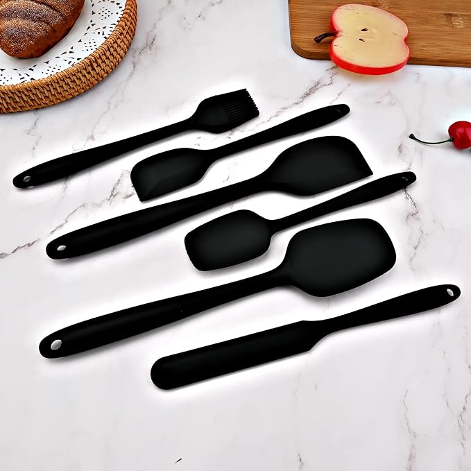 6-piece Silicone Spatula Heat Resistant Kitchen Spatulas Basting Brush for Non Stick Cooking and Baking, Flexible Spatula, Dishwasher Safe, Rubber Spatula - Black
