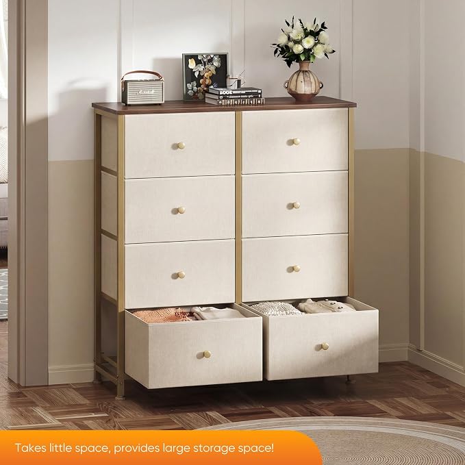 Sweetcrispy 8 Drawer Dresser for Bedroom, Organizer Storage Drawers, Khaki | Fabric Storage Tower, Chest of Drawers with Steel Frame, Wood Top for Living Room, Closet