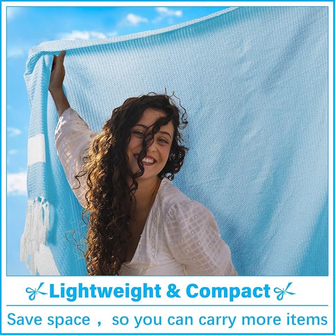 Vikumond Turkish Beach Towel Blanket Oversized 88x82 Inch Quick Dry SkyBlue | Lightweight Compact Portable Sand Free Absorbent Boho Woven Throw for Pool Swimming Picnic Camping Cruise Outdoor Essentials