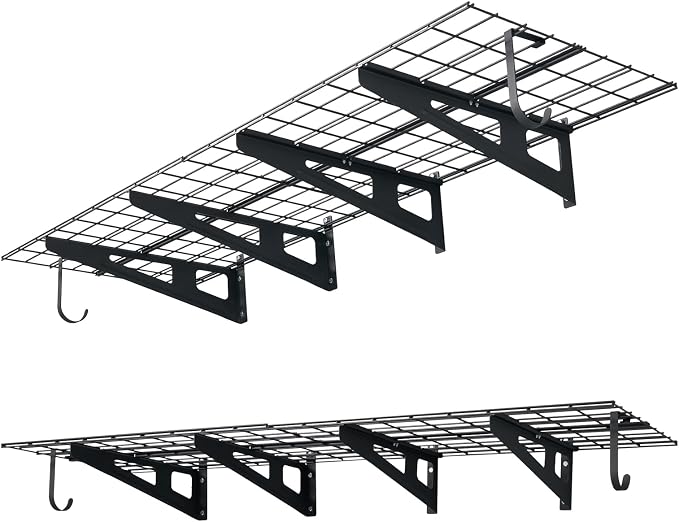 VEVOR 2-Pack Heavy Duty Garage Wall Shelving, 2 x 6 ft Steel Wall Mounted Shelving Unit with Hooks, 24 x 72 Inch Per Shelf Floating Storage Metal Rack, 1000 lbs Total Weight Capacity
